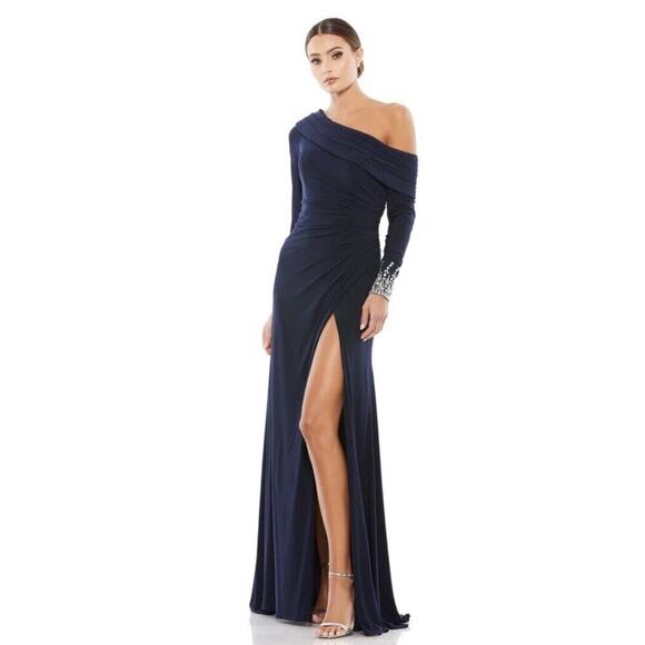 Mac Duggal Beaded Cuff Drop Shoulder Faux Wrap Gown Maxi Dress 8 Midnight Navy - Picture 1 of 15